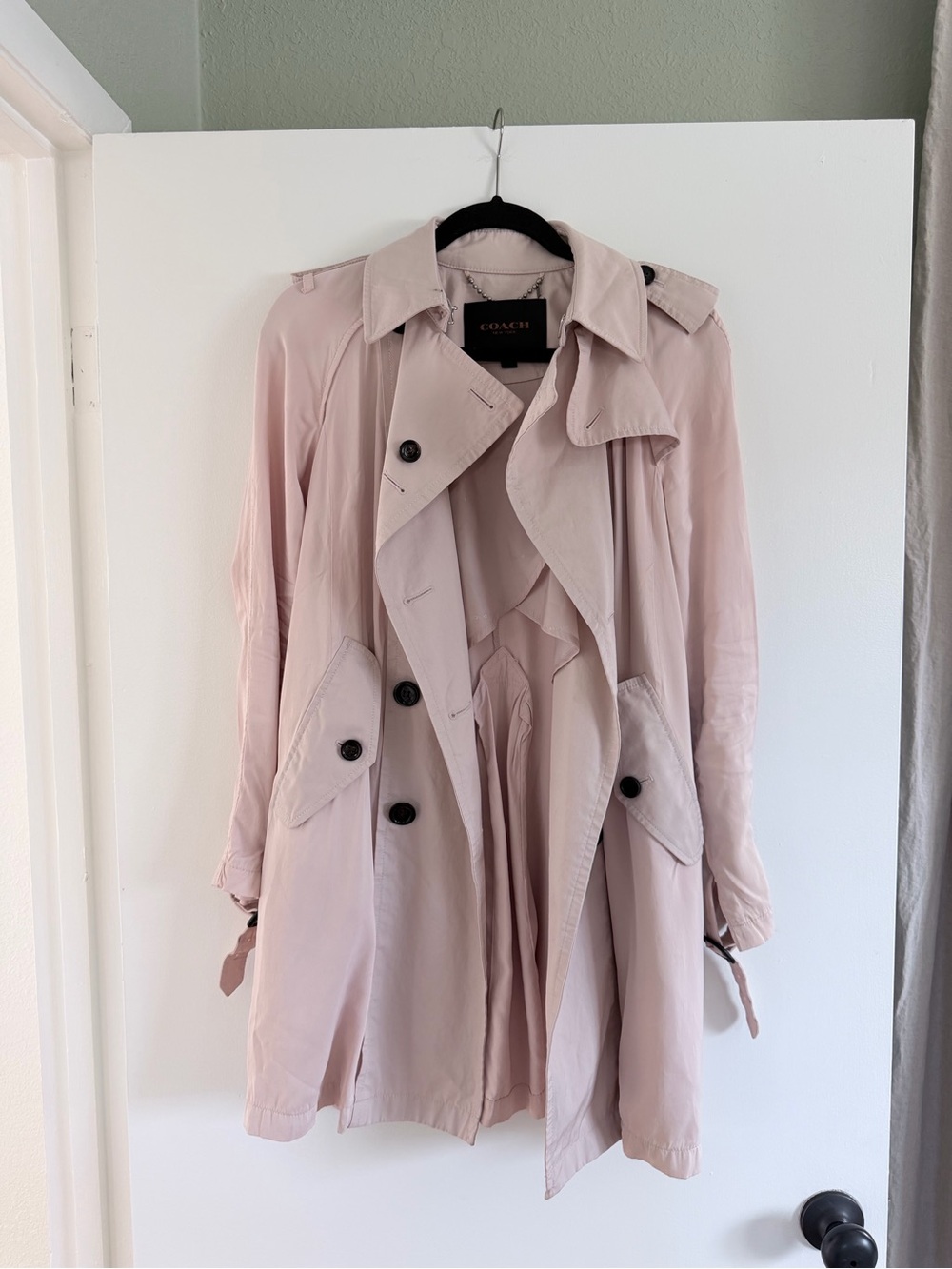 Coach New York Blush Pink Double Breasted Trench Coat Classic Black Buttons S